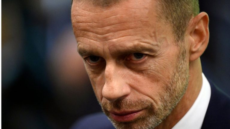 UEFA president Aleksander Ceferin during half time of the UEFA Nations League semifinal soccer match between Italy and Spain at the San Siro stadium, in Milan, Italy, Wednesday, Oct. 6, 2021. He and a group of European soccer leaders came together on Nov. 7, to oppose the proposed European Super League (Marco Bertorello/Pool via AP)