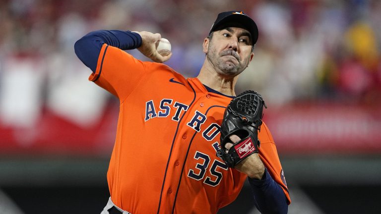 Houston Astros starting pitcher Justin Verlander throws against the Philadelphia Phillies  in Game 5 of the World Series on Thursday, Nov. 3, 2022, in Philadelphia. (Matt Slocum/AP)