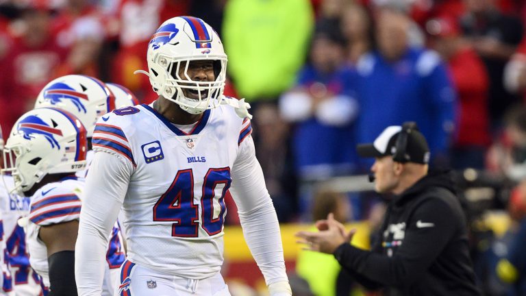 Buffalo Bills linebacker Von Miller (40) celebrates a defensive stop against the Kansas City Chiefs during the second half of an NFL football game, Sunday, Oct. 16, 2022 in Kansas City, Mo. (Reed Hoffmann/AP)