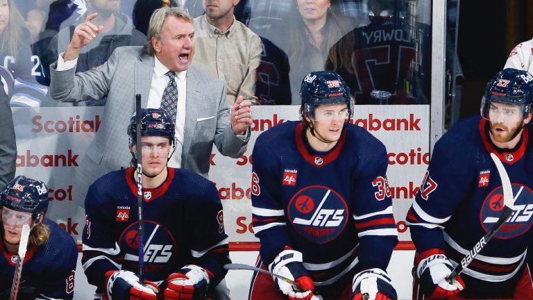 Winnipeg Jets head coach Rick Bowness yells at his team during third period NHL action against the Toronto Maple Leafs in Winnipeg, Saturday, October 22, 2022. (John Woods/CP)