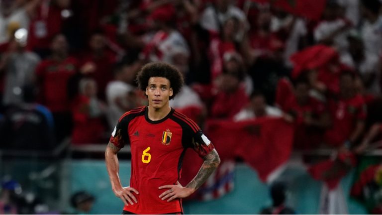 Belgium's Axel Witsel stands on the field after a 0-2 lost against Morocco in a World Cup group F match at the Al Thumama Stadium in Doha, Qatar, Sunday, Nov. 27, 2022. (Manu Fernandez/AP Photo)