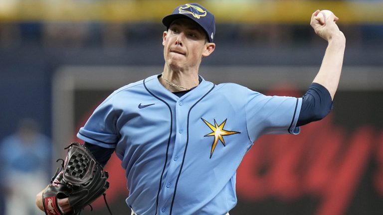 Tampa Bay Rays starting pitcher Ryan Yarbrough delivers to the Kansas City Royals during the first inning of a baseball game Sunday, Aug. 21, 2022, in St. Petersburg, Fla. (Chris O'Meara/AP)