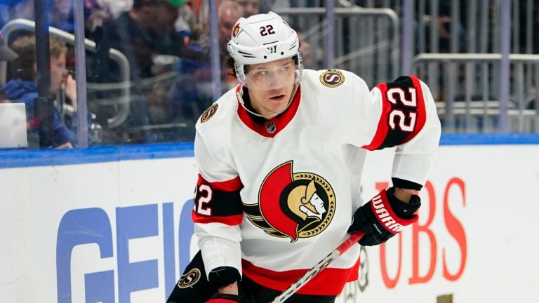 Ottawa Senators' Nikita Zaitsev looks to pass the puck during the second period of the team's NHL hockey game against the New York Islanders on Tuesday, March 22, 2022, in Elmont, N.Y. (Frank Franklin II/AP)