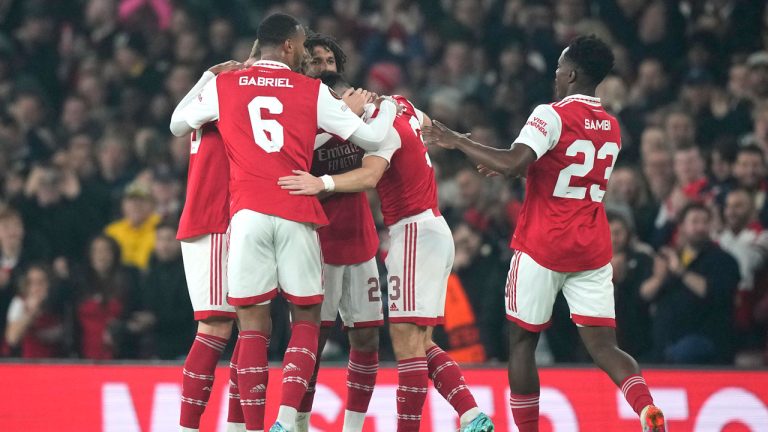 Arsenal's Kieran Tierney, second right, celebrates scoring his side's first goal during the Europa League Group A soccer match between Arsenal and FC Zurich at the Emirates stadium. (Frank Augstein/AP)