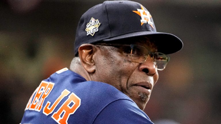 Houston Astros manager Dusty Baker Jr. watches during the second inning in Game 6 of baseball's World Series between the Houston Astros and the Philadelphia Phillies on Saturday, Nov. 5, 2022, in Houston. (David J. Phillip/AP)