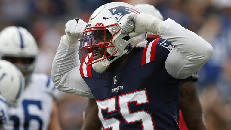 New England Patriots linebacker Josh Uche (55) celebrates after sacking Indianapolis Colts quarterback Sam Ehlinger in the first half of an NFL football game, Sunday, Nov. 6, 2022, in Foxborough, Mass. (Michael Dwyer/AP)