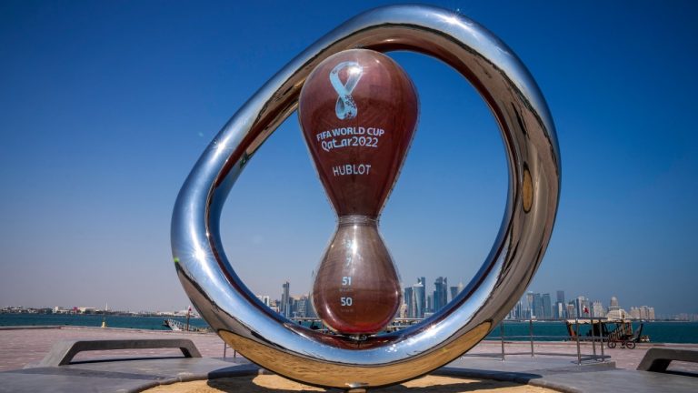 The official FIFA World Cup Countdown Clock on Doha's corniche, overlooking the skyline of Doha, Qatar, Wednesday, Oct. 19, 2022. (Nariman El-Mofty/AP)