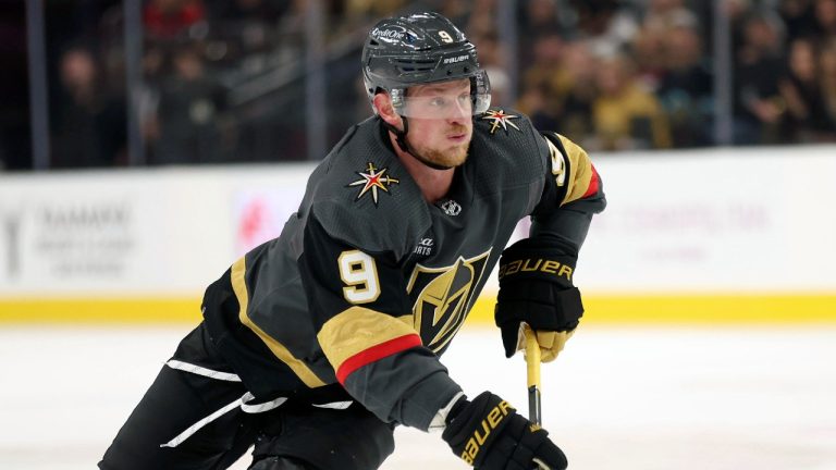 Vegas Golden Knights centre Jack Eichel (9) skates for the net before scoring the game-winning goal during overtime in an NHL hockey game against the Winnipeg Jets, Sunday, Oct. 30, 2022, in Las Vegas. (AP Photo/Ellen Schmidt)