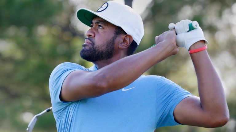 Tony Finau tees off on the ninth hole during the second round of the Houston Open golf tournament Friday, Nov. 11, 2022, in Houston. (Michael Wyke/AP)