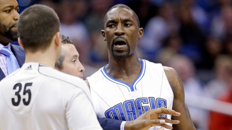 FILE - In this Jan. 31, 2015, file photo, Orlando Magic's Ben Gordon, right, talks with referee Kane Fitzgerald (35) before he was ejected in the fourth quarter of an NBA basketball game against the Dallas Mavericks, in Orlando, Fla. (AP)