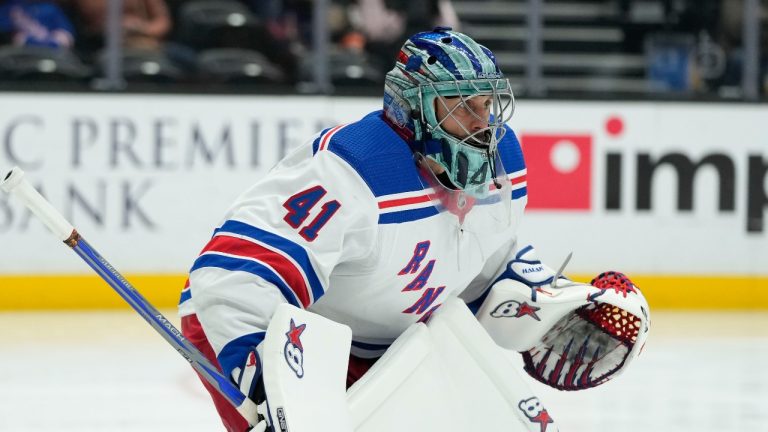 New York Rangers goaltender Jaroslav Halak guards the net during the first period of the team's NHL hockey game against the Anaheim Ducks on Wednesday, Nov. 23, 2022, in Anaheim, Calif. (AP Photo/Jae C. Hong)