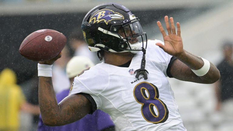 Baltimore Ravens quarterback Lamar Jackson (8) warms up before an NFL football game against the Jacksonville Jaguars, Sunday, Nov. 27, 2022, in Jacksonville, Fla. (Phelan M. Ebenhack/AP)