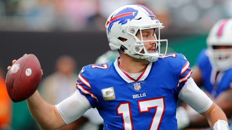 Buffalo Bills quarterback Josh Allen (17) throws a pass during the first half of an NFL football game against the New York Jets, Sunday, Nov. 6, 2022, in East Rutherford, N.J. (AP Photo/Noah K. Murray)