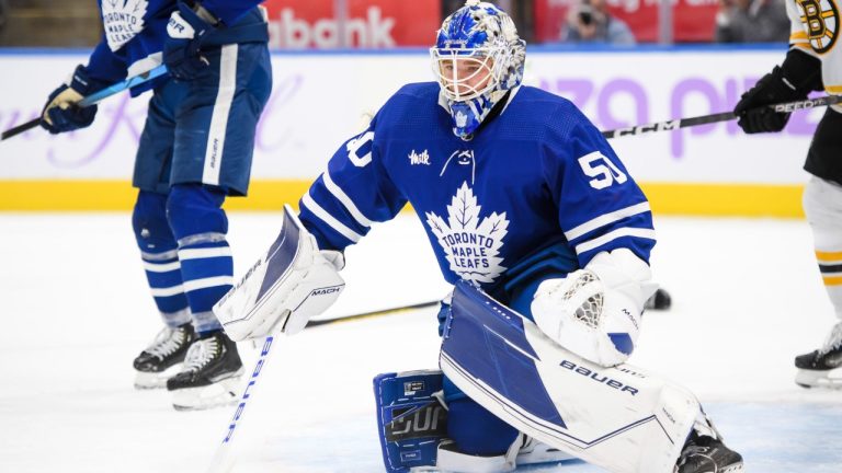 Toronto Maple Leafs goaltender Erik Kallgren (50) watches the puck in front of the net during third period NHL hockey action against the Boston Bruins, in Toronto on Saturday, Nov. 5, 2022. (Christopher Katsarov/CP)