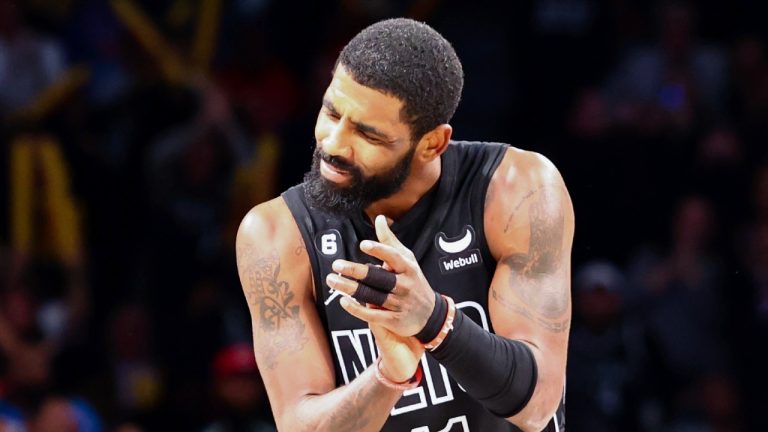 Brooklyn Nets guard Kyrie Irving (11) reacts after the team defeated the Indiana Pacers in an NBA basketball game Monday, Oct. 31, 2022, in New York. (AP Photo/Jessie Alcheh)