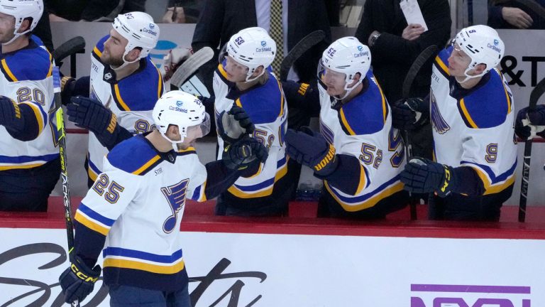 St. Louis Blues' Jordan Kyrou celebrates his goal with teammates during the second period of an NHL hockey game against the Chicago Blackhawks. (Charles Rex Arbogast/AP)