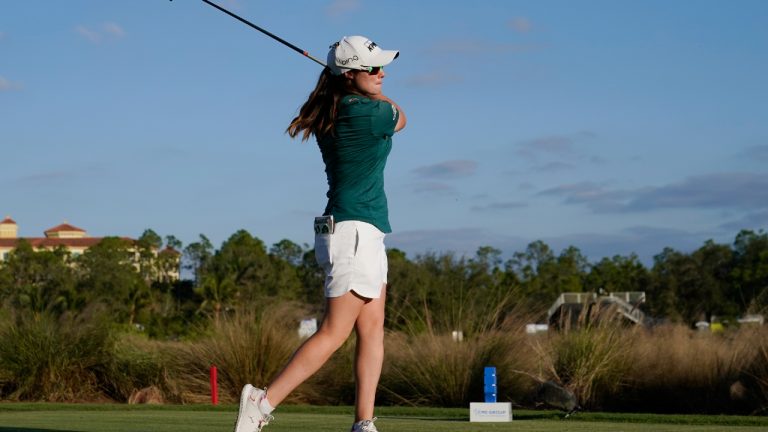 Leona Maguire, of Ireland, watches her shot from the 18th tee during the third round of the LPGA CME Group Tour Championship golf tournament, Saturday, Nov. 19, 2022, at the Tiburón Golf Club in Naples, Fla. (Lynne Sladky/AP)