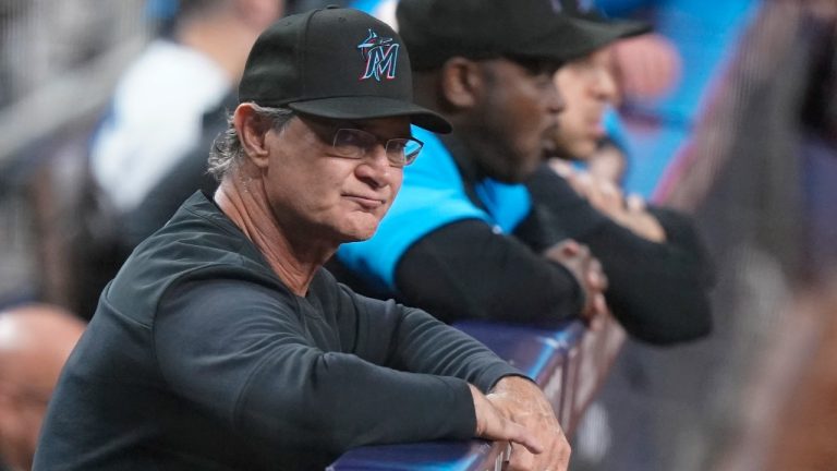 Miami Marlins manager Don Mattingly (8) watches during the third inning of a baseball game against the Atlanta Braves, Monday, Oct. 3, 2022, in Miami. (Wilfredo Lee/AP)