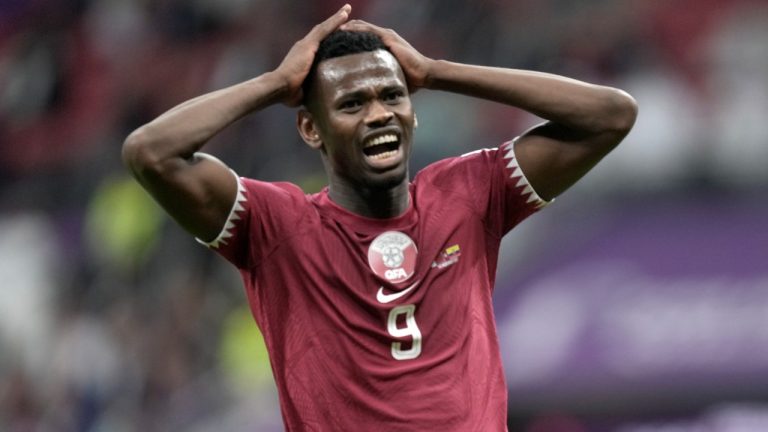 Qatar's Mohammed Muntari reacts after missing a chance to score during the World Cup, group A soccer match between Qatar and Ecuador at the Al Bayt Stadium in Al Khor, Sunday, Nov. 20, 2022. (Ariel Schalit/AP)