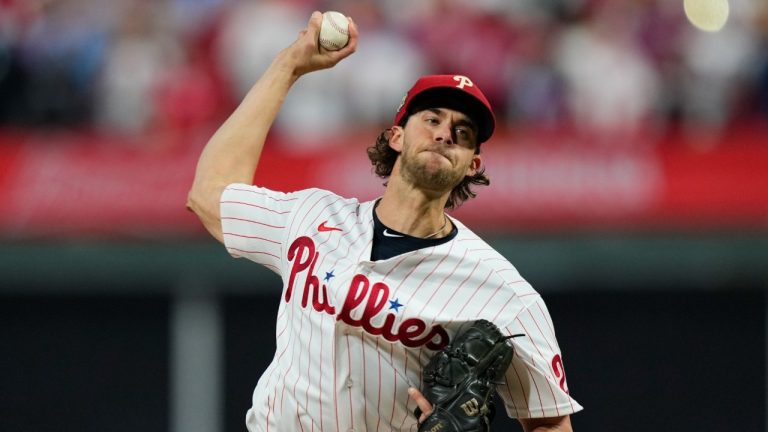 Philadelphia Phillies starting pitcher Aaron Nola throws during the first inning in Game 4 of baseball's World Series between the Houston Astros and the Philadelphia Phillies on Wednesday, Nov. 2, 2022, in Philadelphia. (Matt Slocum/AP)