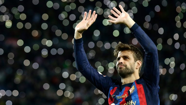 Barcelona's Gerard Pique waves supporters at the end of Spanish La Liga soccer match between Barcelona and Almeria at the Camp Nou stadium in Barcelona, Spain, Saturday, Nov. 5, 2022. (Joan Monfort/AP)