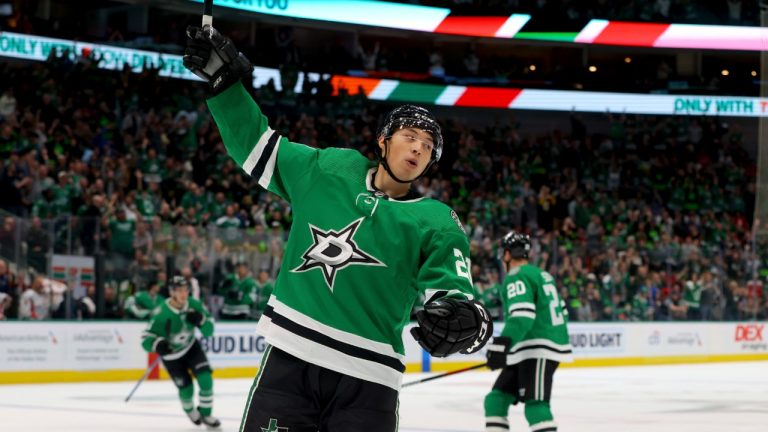 Dallas Stars left wing Jason Robertson celebrates scoring against the Washington Capitals in the first period of an NHL hockey game in Dallas, Thursday, Oct. 27, 2022. (Gareth Patterson/AP)