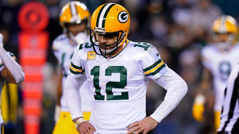 Green Bay Packers quarterback Aaron Rodgers reacts during the second half of an NFL football game against the Philadelphia Eagles[, Sunday, Nov. 27, 2022, in Philadelphia. (Chris Szagola/AP)