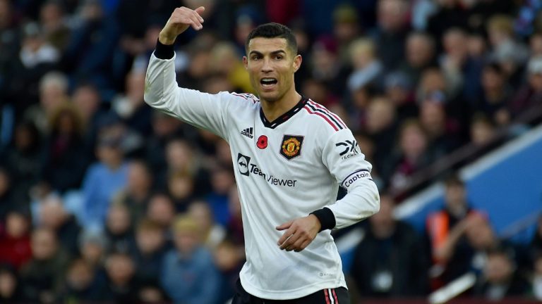 Manchester United's Cristiano Ronaldo gestures during the English Premier League soccer match between Aston Villa and Manchester United at Villa Park in Birmingham, England, Sunday, Nov. 6, 2022. (Rui Vieira/AP)