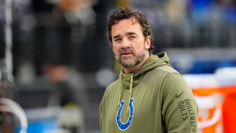 Indianapolis Colts interim head coach Jeff Saturday walks onto the field before an NFL football game against the Las Vegas Raiders in Las Vegas, Sunday, Nov. 13, 2022. (Matt York/AP)