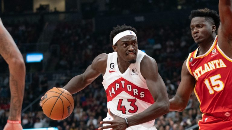 Toronto Raptors forward Pascal Siakam (43) moves past Atlanta Hawks centre Clint Capela (15) during second half NBA basketball action in Toronto on Monday, October 31, 2022. THE CANADIAN PRESS/Arlyn McAdorey