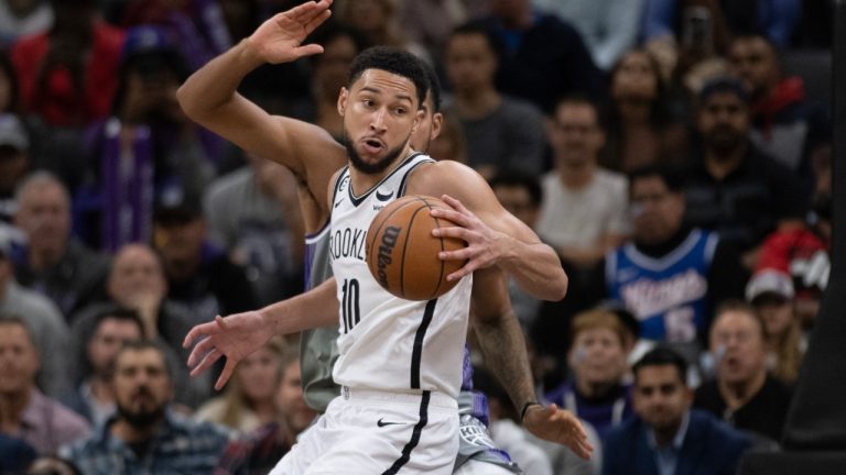 Brooklyn Nets guard Ben Simmons (10) makes a spin move in the key in the second half of an NBA basketball game against the Sacramento Kings in Sacramento, Calif., Tuesday, Nov. 15, 2022. The Kings won 153-121. (Jose Luis Villegas/AP)