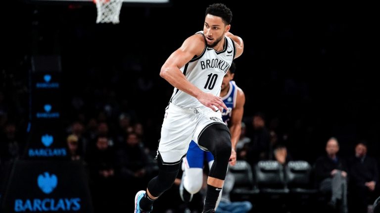 Brooklyn Nets guard Ben Simmons follows the ball during the first half of a preseason NBA basketball game against the Philadelphia 76ers, Monday, Oct. 3, 2022, in New York. (Julia Nikhinson/AP)