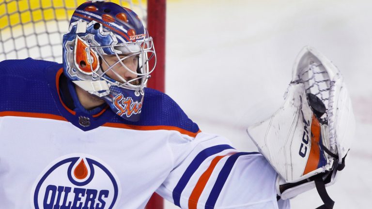 NHL profile photo on Edmonton Oilers goalie Stuart Skinner during a game against the Calgary Flames in Calgary, Alta., on Oct. 29, 2022. (CP)