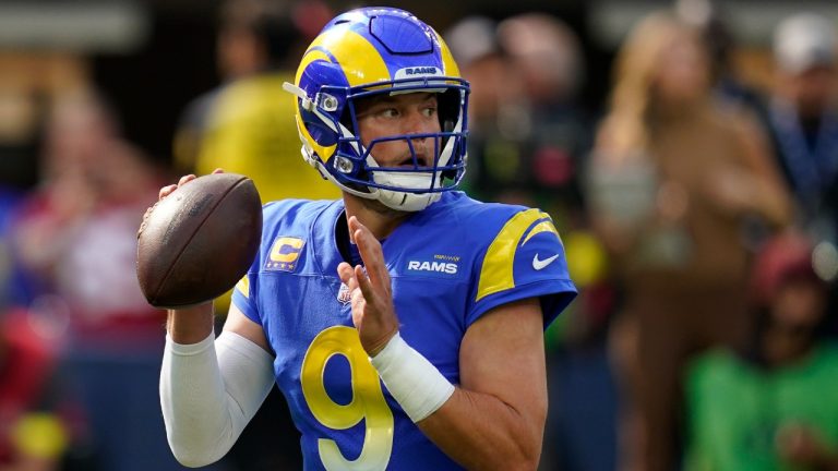 Los Angeles Rams quarterback Matthew Stafford passes during the first half of an NFL football game against the against the San Francisco 49ers Sunday, Oct. 30, 2022, in Inglewood, Calif. (Gregory Bull/AP)