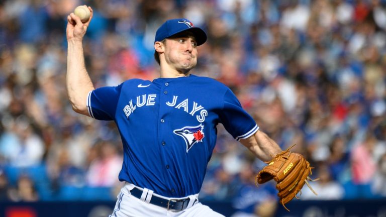 Toronto Blue Jays starting pitcher Ross Stripling (48) throws during first inning AL MLB baseball action against the Boston Red Sox in Toronto on Saturday, October 1, 2022. (Christopher Katsarov/CP)