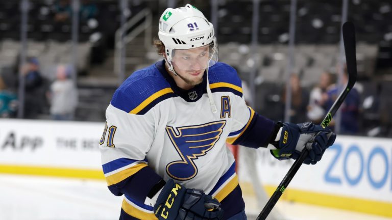 St. Louis Blues right wing Vladimir Tarasenko (91) skates during warmups prior to an NHL hockey game against San Jose Sharks in San Jose, Calif., Thursday, April 21, 2022. (Josie Lepe/AP)