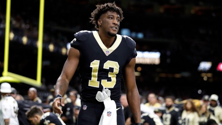 New Orleans Saints wide receiver Michael Thomas (13) is seen before an NFL football game against the Tampa Bay Buccaneers, Sunday, Sept. 18, 2022, in New Orleans. (Tyler Kaufman/AP)