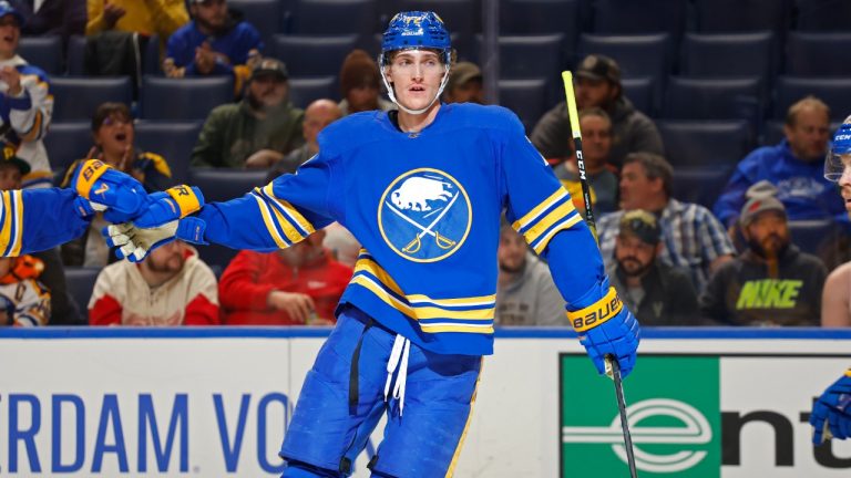 Buffalo Sabres right wing Tage Thompson (72) celebrates after his goal during the first period of an NHL hockey game against the Detroit Red Wings, Monday, Oct. 31, 2022, in Buffalo, N.Y. (Jeffrey T. Barnes/AP)