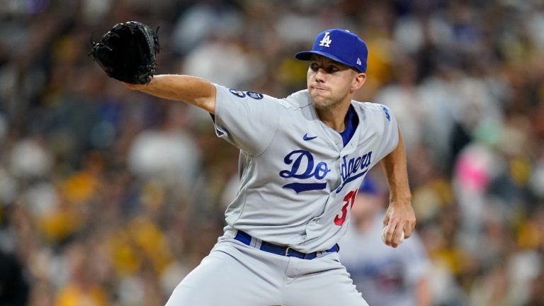 Los Angeles Dodgers starting pitcher Tyler Anderson works against a San Diego Padres batter during the first inning in Game 4 of a baseball NL Division Series, Saturday, Oct. 15, 2022, in San Diego. (AP Photo/Ashley Landis)