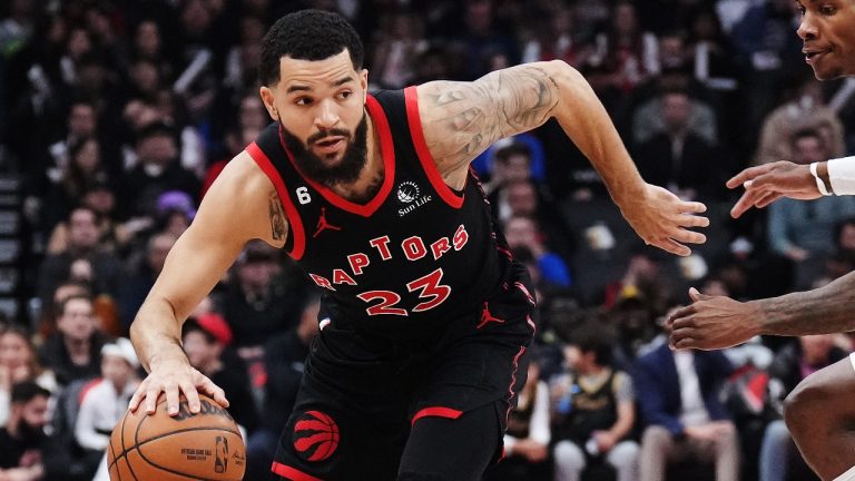 Toronto Raptors guard Fred VanVleet (23) drives past Houston Rockets guard Kevin Porter Jr. (3) during first half NBA basketball action in Toronto on Wednesday, November 9, 2022. (Nathan Denette/CP)