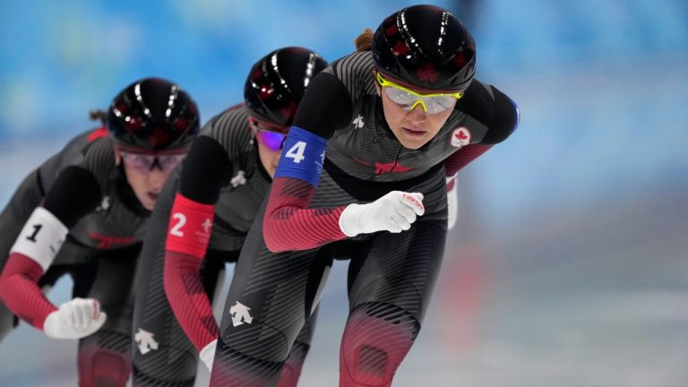 Team Canada, led by Isabelle Weidemann, with Valerie Maltais centre and Ivanie Blondin, competes during the speedskating women's team pursuit semifinals at the 2022 Winter Olympics, Tuesday, Feb. 15, 2022, in Beijing. (Sue Ogrocki/AP)