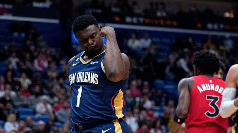 New Orleans Pelicans forward Zion Williamson (1) flexes his bicep after scoring a basket in the first half of an NBA basketball game against the Toronto Raptors in New Orleans, Wednesday, Nov. 30, 2022. (Gerald Herbert/AP Photo)