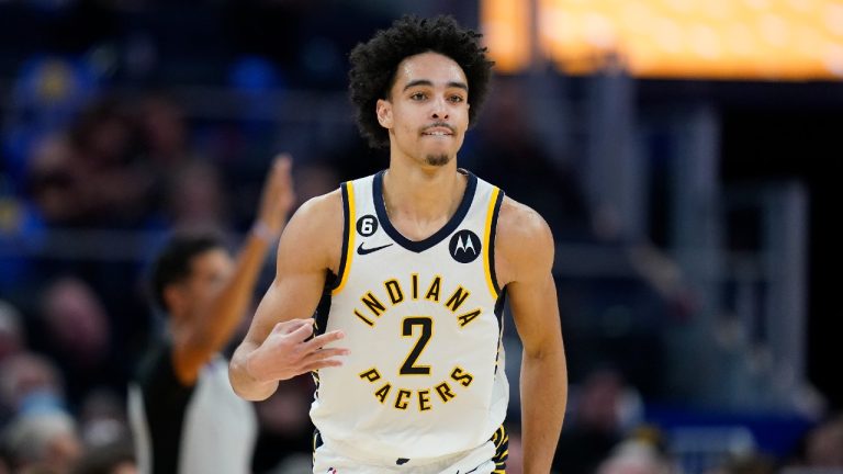 Indiana Pacers guard Andrew Nembhard reacts after scoring a 3-point basket against the Golden State Warriors during the second half of an NBA basketball game in San Francisco, Monday, Dec. 5, 2022. (Godofredo A. Vasquez/AP)