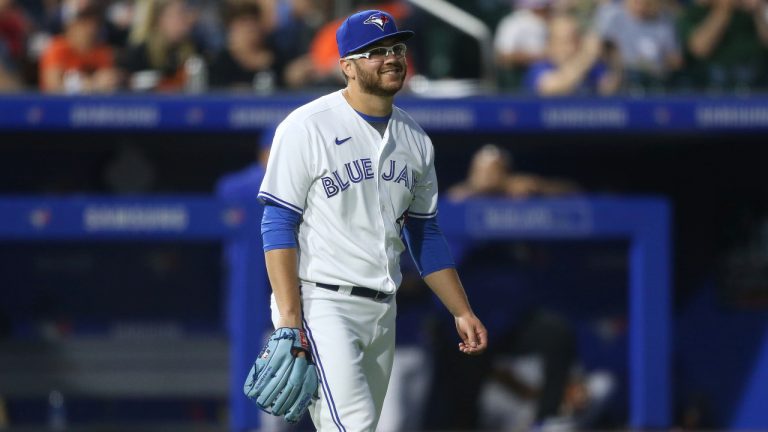 Toronto Blue Jays starting pitcher Anthony Kay (47) smiles after fielding a ground ball and throwing to first base to get out Baltimore Orioles' Anthony Santander during the fifth inning of the baseball game in Buffalo, N.Y., Thursday, June 24, 2021. (Joshua Bessex/AP)