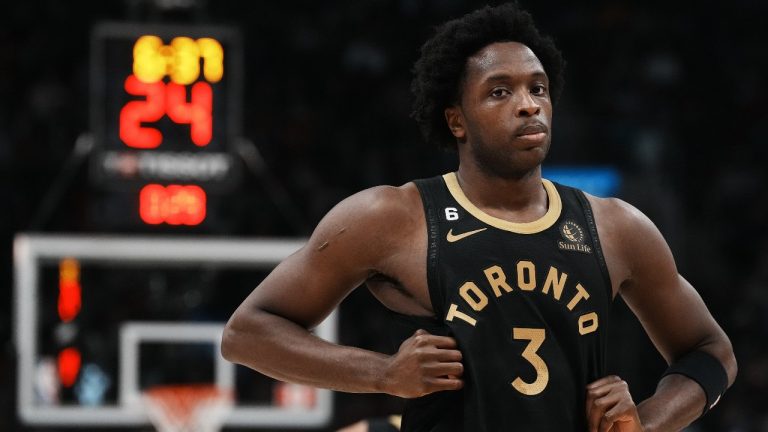 Toronto Raptors forward O.G. Anunoby is pictured during NBA basketball action against the Dallas Mavericks in Toronto on Saturday, November 26, 2022. (Chris Young/The Canadian press)