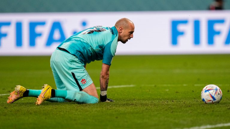 Canada's goalkeeper Milan Borjan looks at the ball after Croatia's Marko Livaja scored a goal during the World Cup group F soccer match between Croatia and Canada, at the Khalifa International Stadium in Doha, Qatar, Sunday, Nov. 27, 2022. (Martin Meissner/AP)