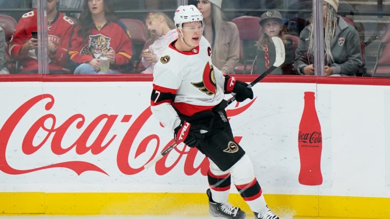 Ottawa Senators left wing Brady Tkachuk celebrates a goal during the second period of an NHL hockey game against the Florida Panthers. (Wilfredo Lee/AP)