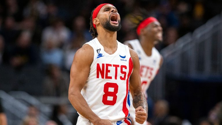 Brooklyn Nets guard Patty Mills (8) reacts during the second half of an NBA basketball game against the Indiana Pacers in Indianapolis, Saturday, Dec. 10, 2022. (Doug McSchooler/AP)