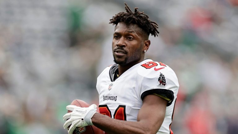 FILE - Tampa Bay Buccaneers wide receiver Antonio Brown (81) walks on the field during an NFL football game against the New York Jets, Sunday, Jan. 2, 2022, in East Rutherford, N.J. No charges will be filed against former NFL wide receiver Antonio Brown following an apparent domestic incident at a Tampa, Florida, home in late November, prosecutors said Wednesday, Dec. 21, 2022. (Adam Hunger/AP, File)