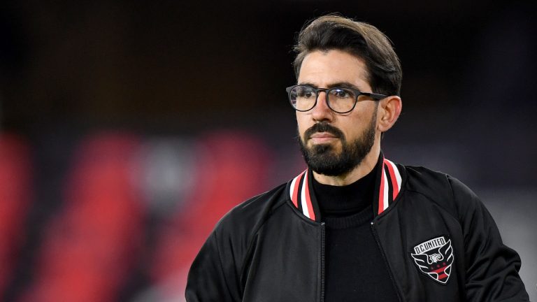 In this April 17, 2021 file photo, D.C. United head coach Hernan Losada looks on during an MLS soccer match against the New York City FC, in Washington. This is Losada's first season coaching in MLS. (AP Photo/Will Newton)